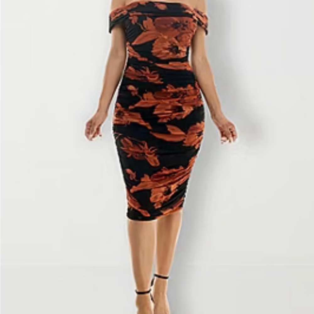 Premier Amour Off-Shoulder Black and Orange Floral Dress